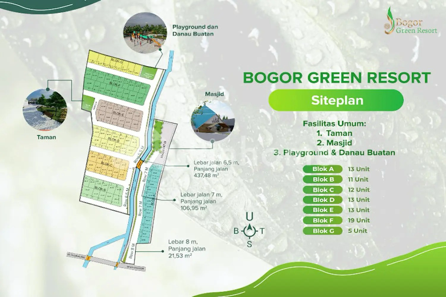 Siteplan Bogor Green Resort dengan Blok A sampai G, taman, masjid, playground, dan danau buatan